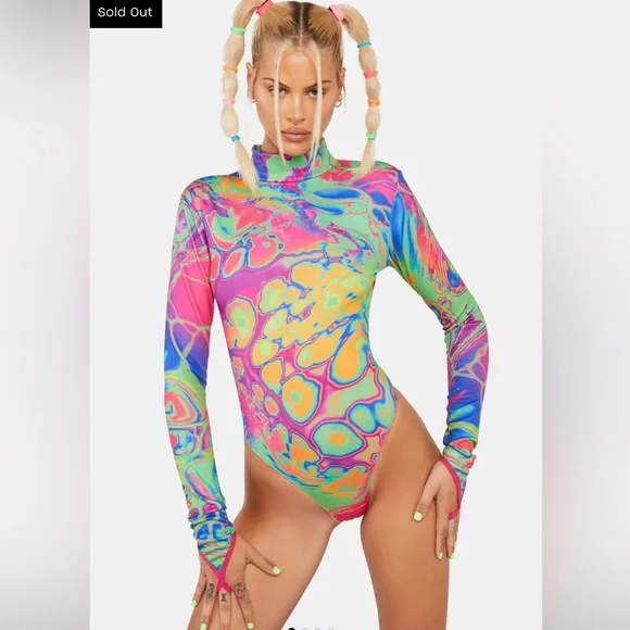 Dollskill Club Exx Acid Amoeba Neon Bodysuit Psychedelic Sz Medium - Picture 7 of 8